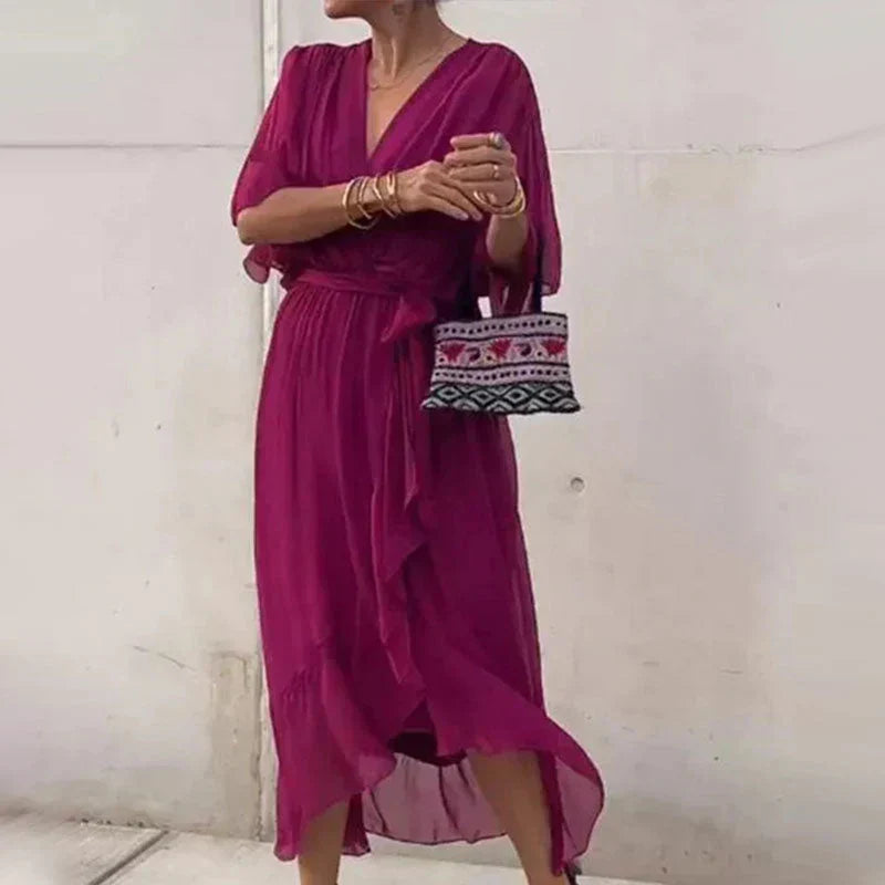Levoire | Robe Élégante À Col En V Et Manches 3/4 Pour - Femmes - Midi Pourpre