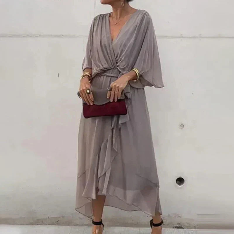 Levoire | Robe Élégante À Col En V Et Manches 3/4 Pour - Femmes - Midi Gris