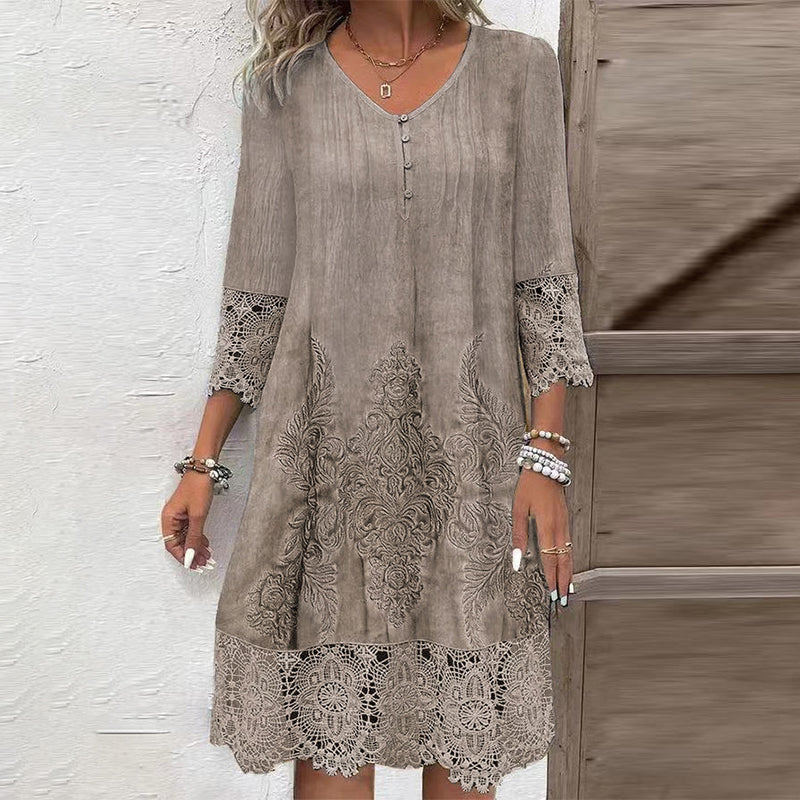 Levoire | Robe En Dentelle À Manches Mi-Longues Et Col V Pour Femmes Café