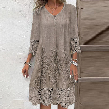 Levoire | Robe En Dentelle À Manches Mi-Longues Et Col V Pour Femmes Café