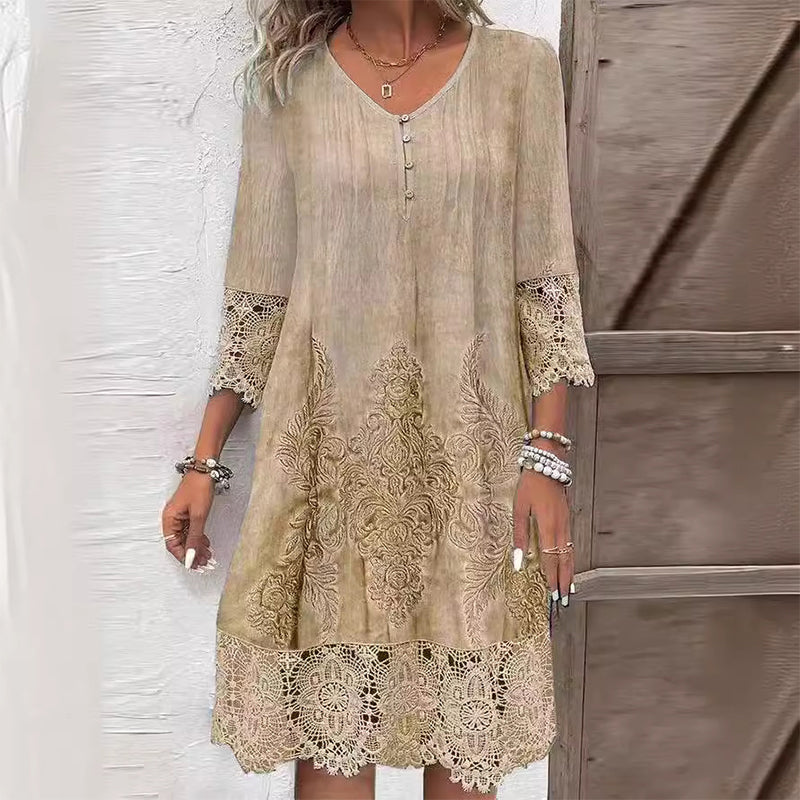 Levoire | Robe En Dentelle À Manches Mi-Longues Et Col V Pour Femmes Khaki