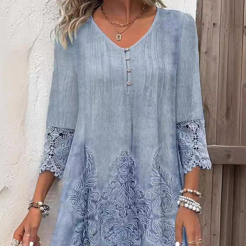 Levoire | Robe En Dentelle À Manches Mi-Longues Et Col V Pour Femmes Bleu