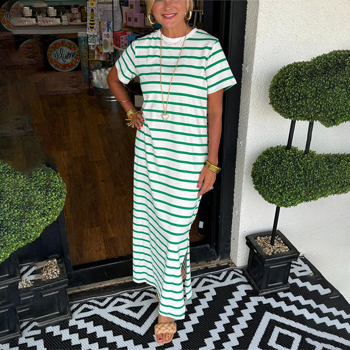 Levoire | Robe Longue Rayée Style Décontracté Vert