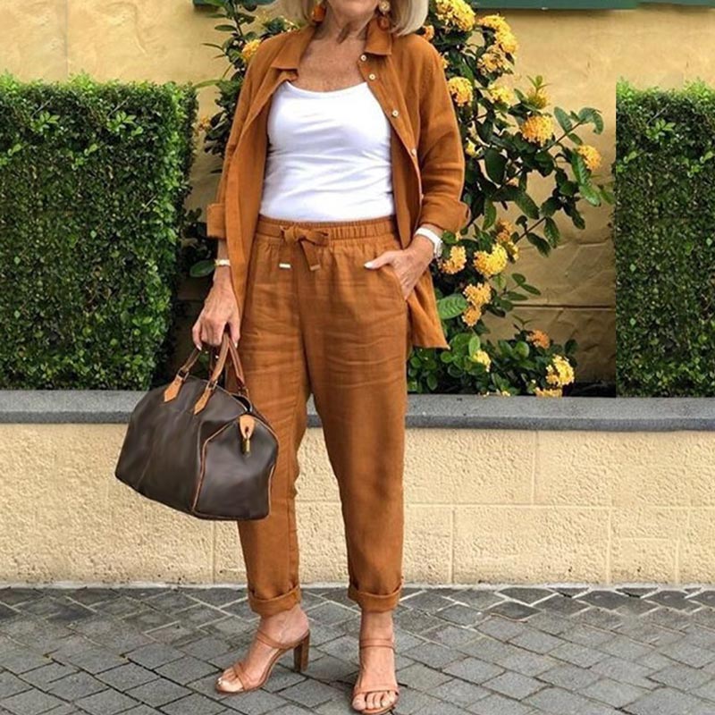 Levoire | Ensemble Chemisier Et Pantalon Pour Femmes En Coton Et Lin Marron