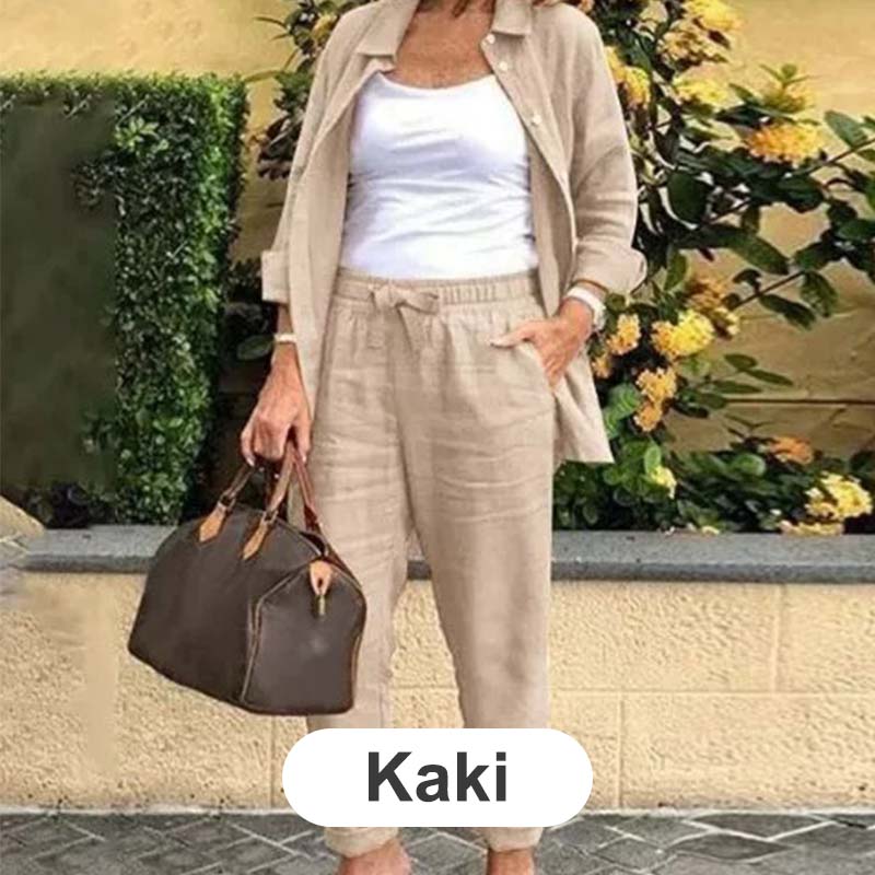Levoire | Ensemble Chemisier Et Pantalon Pour Femmes En Coton Et Lin Kaki