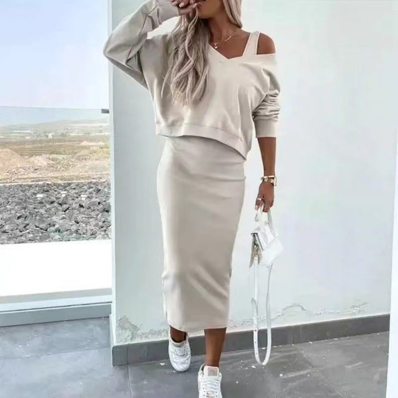 Levoire | 2 Pices Ensemble Robe Sans Manches Et Pull Dcollet Ample Beige