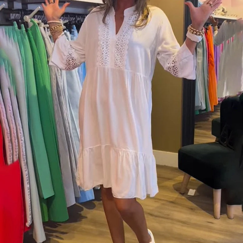 Levoire | Robe À Manches Longues En Dentelle Pour Femmes À Col En V Décontractée Blanc
