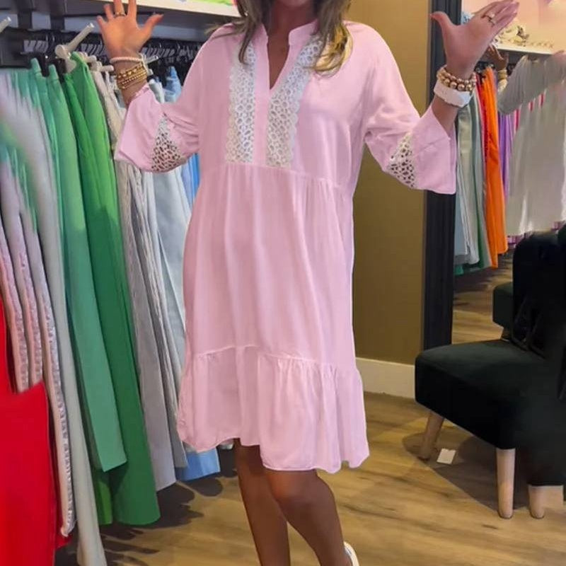 Levoire | Robe À Manches Longues En Dentelle Pour Femmes À Col En V Décontractée Rosa