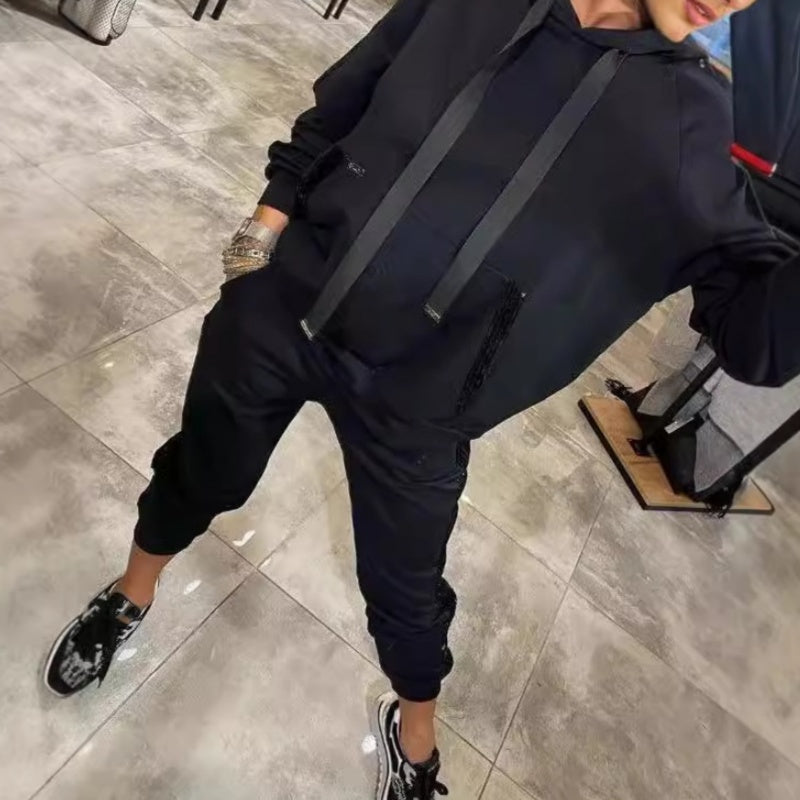 Levoire | 2 Pièces Ensemble De Tops Et Pantalons Avec Capuche Et Cordons Fr Femmes Noir