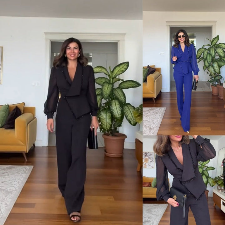 Levoire | Elegante Haut Avec Perles Pantalon Large