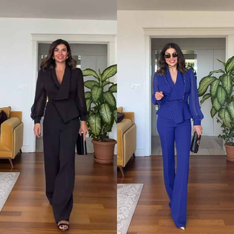 Levoire | Elegante Haut Avec Perles Pantalon Large