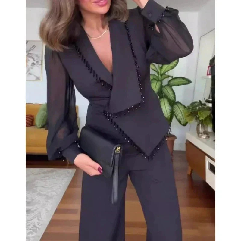 Levoire | Elegante Haut Avec Perles Pantalon Large