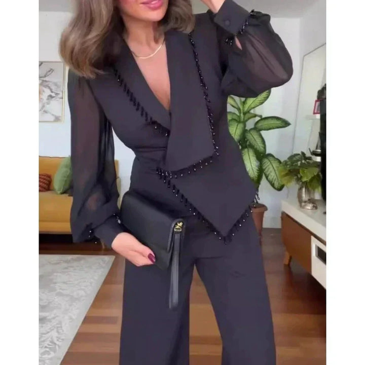Levoire | Elegante Haut Avec Perles Pantalon Large