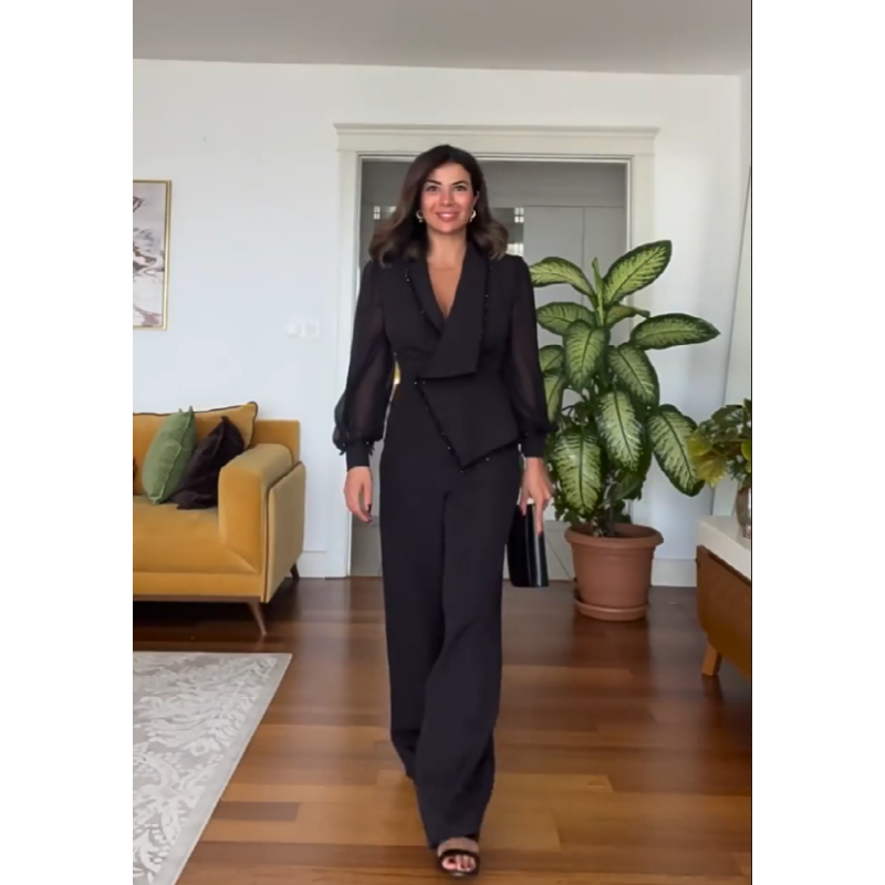 Levoire | Elegante Haut Avec Perles Pantalon Large