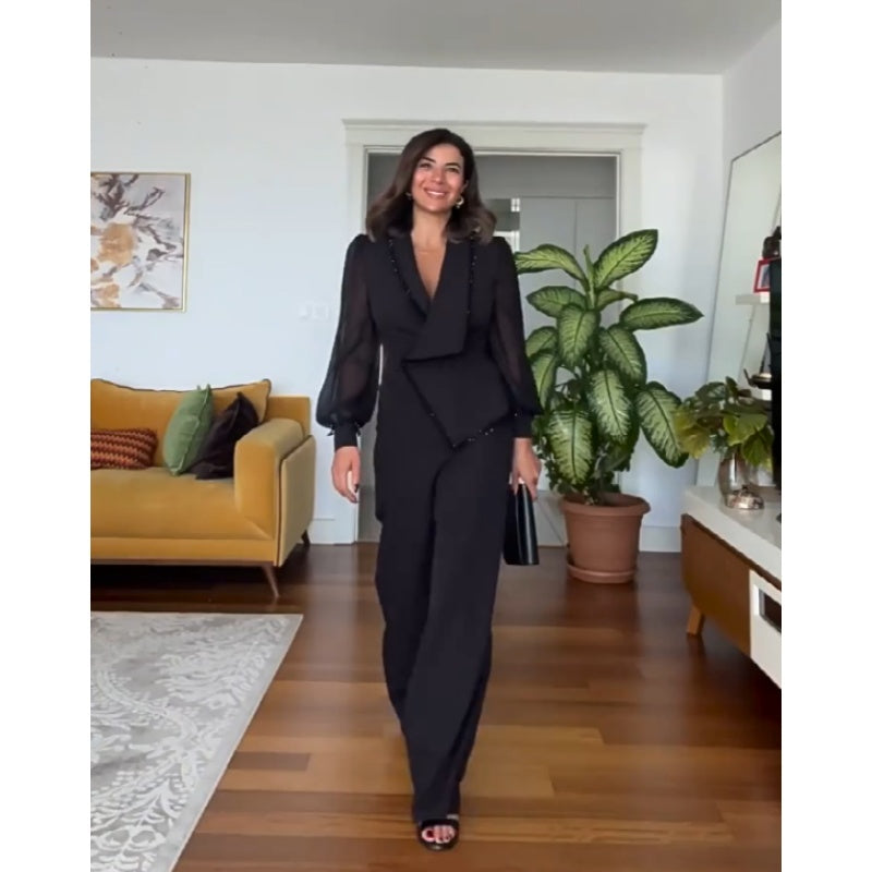 Levoire | Elegante Haut Avec Perles Pantalon Large