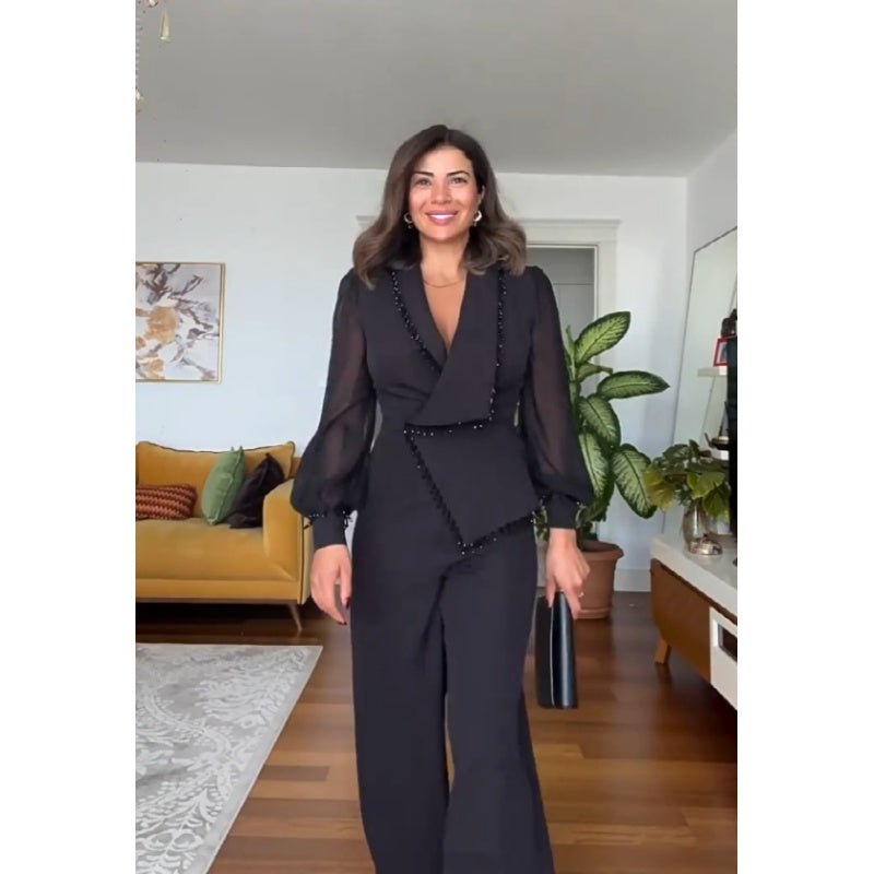 Levoire | Elegante Haut Avec Perles Pantalon Large