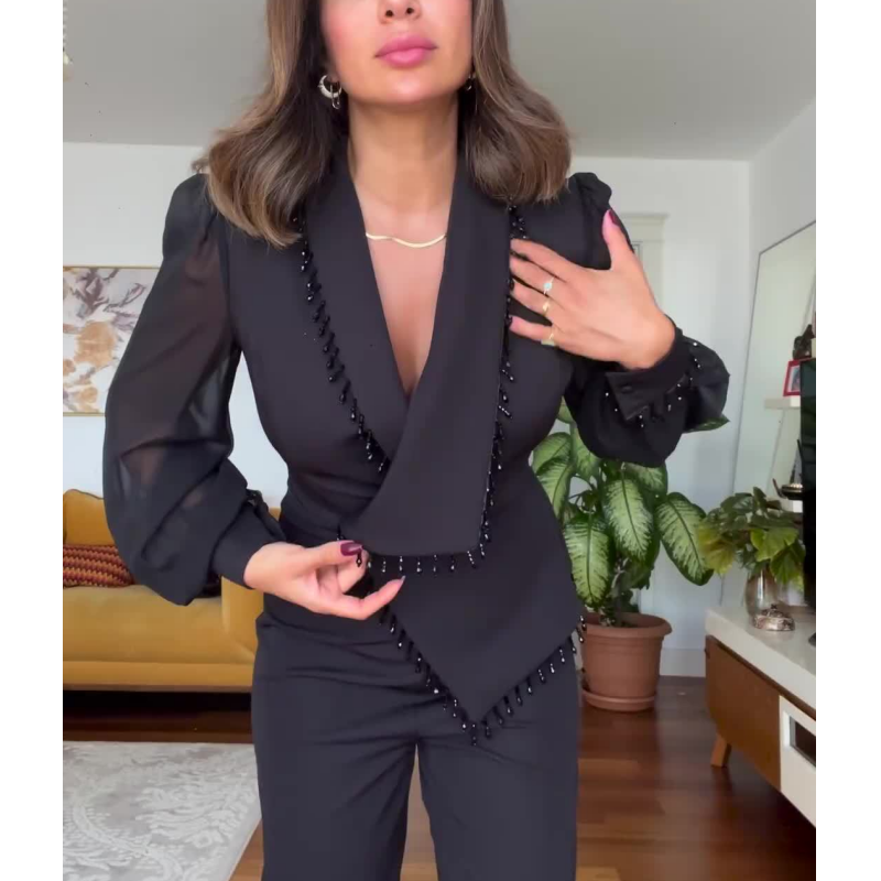 Levoire | Elegante Haut Avec Perles Pantalon Large