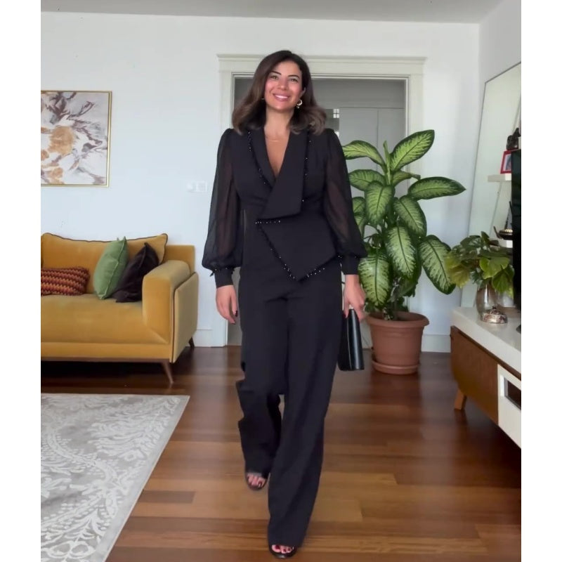 Levoire | Elegante Haut Avec Perles Pantalon Large