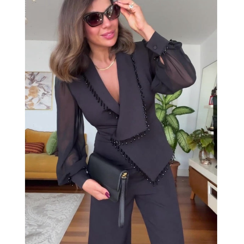 Levoire | Elegante Haut Avec Perles Pantalon Large