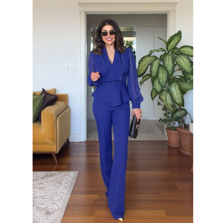 Levoire | Elegante Haut Avec Perles Pantalon Large Bleu - Épuisé!
