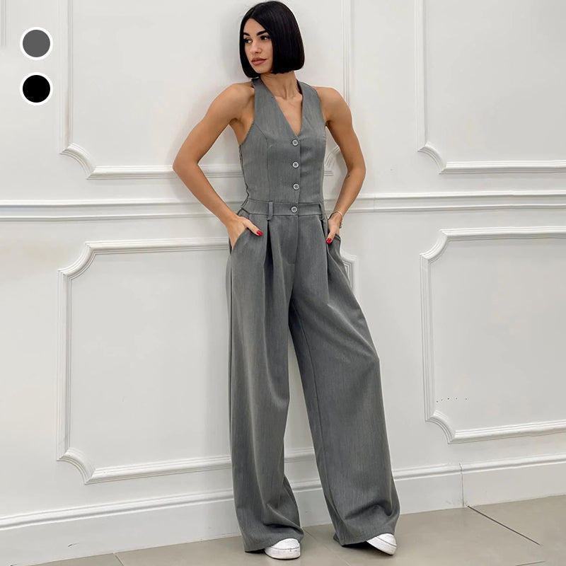 Levoire | Éloïse Combinaison Élégante Avec Boutons Et Jambes Ample Pour Femmes Gris