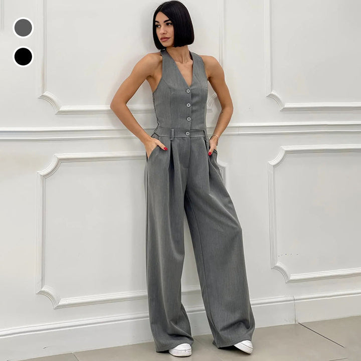 Levoire | Éloïse Combinaison Élégante Avec Boutons Et Jambes Ample Pour Femmes Gris