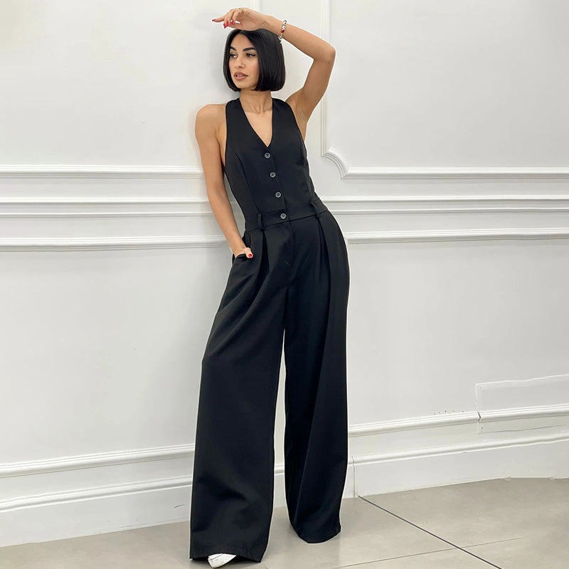 Levoire | Éloïse Combinaison Élégante Avec Boutons Et Jambes Ample Pour Femmes Noir
