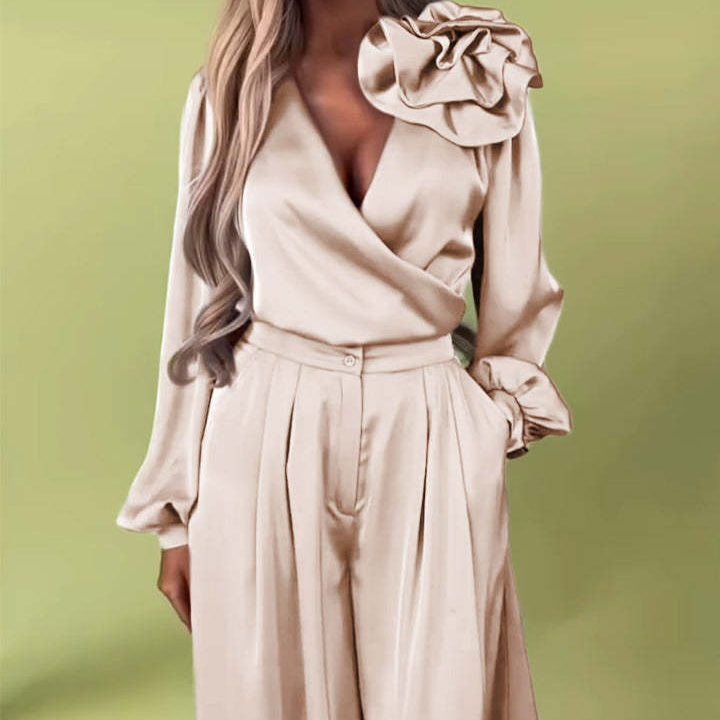 Levoire | Ensemble Top À Col En V Et Pantalon Large Pour Femmes Abricot