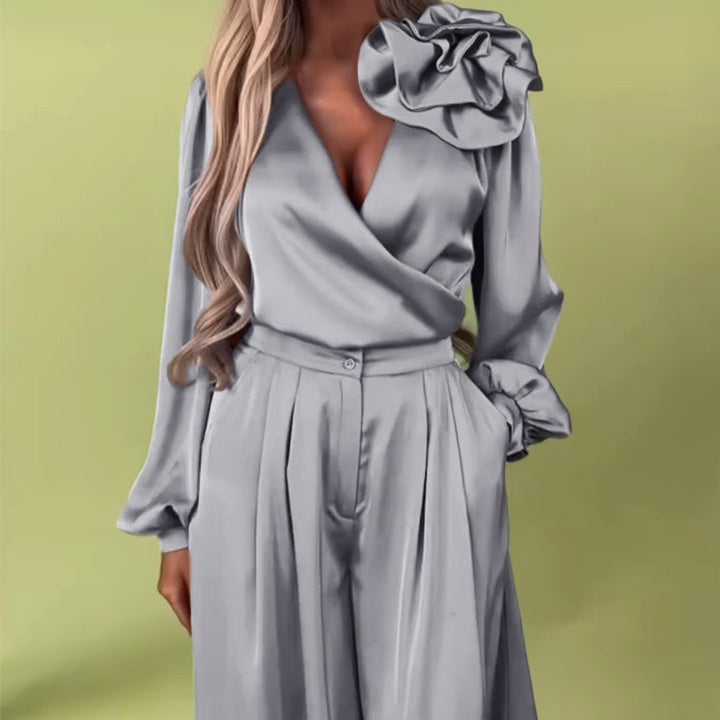 Levoire | Ensemble Top À Col En V Et Pantalon Large Pour Femmes Gris