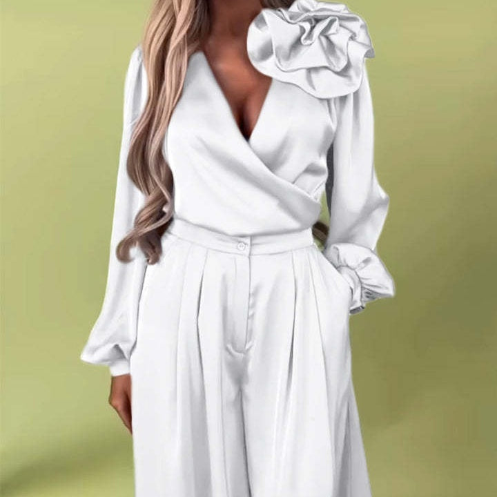 Levoire | Ensemble Top À Col En V Et Pantalon Large Pour Femmes Blanc