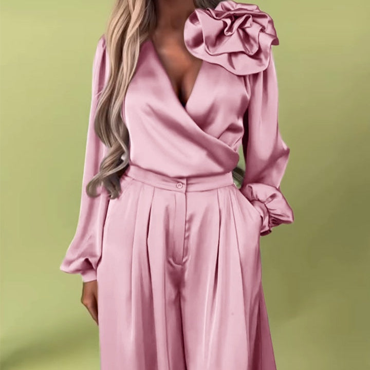 Levoire | Ensemble Top À Col En V Et Pantalon Large Pour Femmes Rose