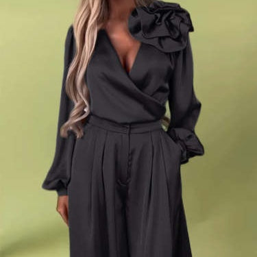 Levoire | Ensemble Top À Col En V Et Pantalon Large Pour Femmes Noir