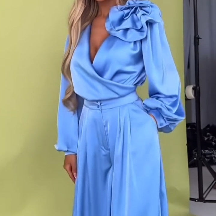Levoire | Ensemble Top À Col En V Et Pantalon Large Pour Femmes Bleu