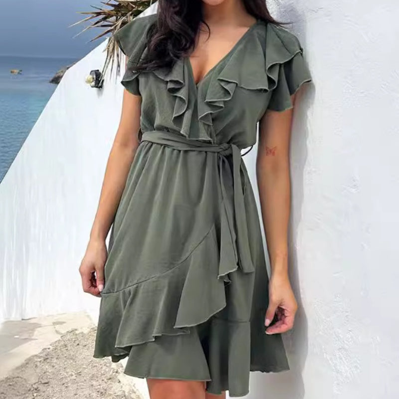 Levoire | Robe Avec Col En V Et Volants Pour Femmes Vert