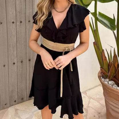 Levoire | Robe Avec Col En V Et Volants Pour Femmes Noir