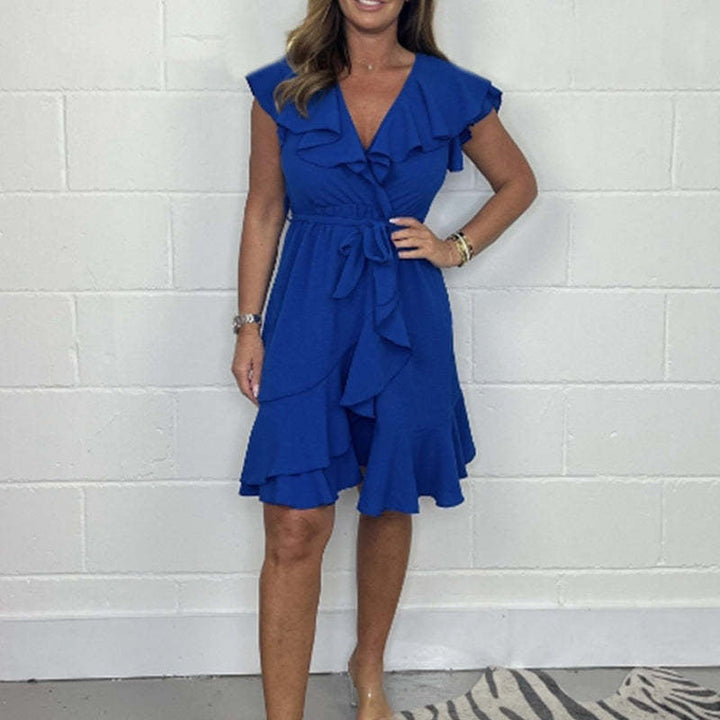 Levoire | Robe Avec Col En V Et Volants Pour Femmes Bleu