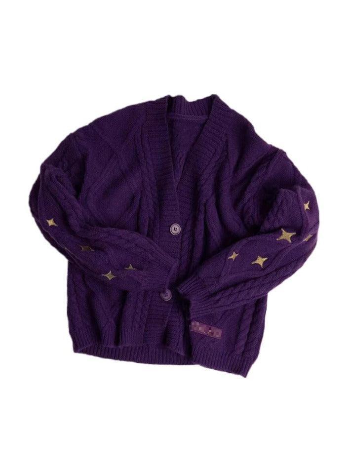 Levoire | Étoile Brodée Imprimée Câble Tricot Col V Gilet Lilas