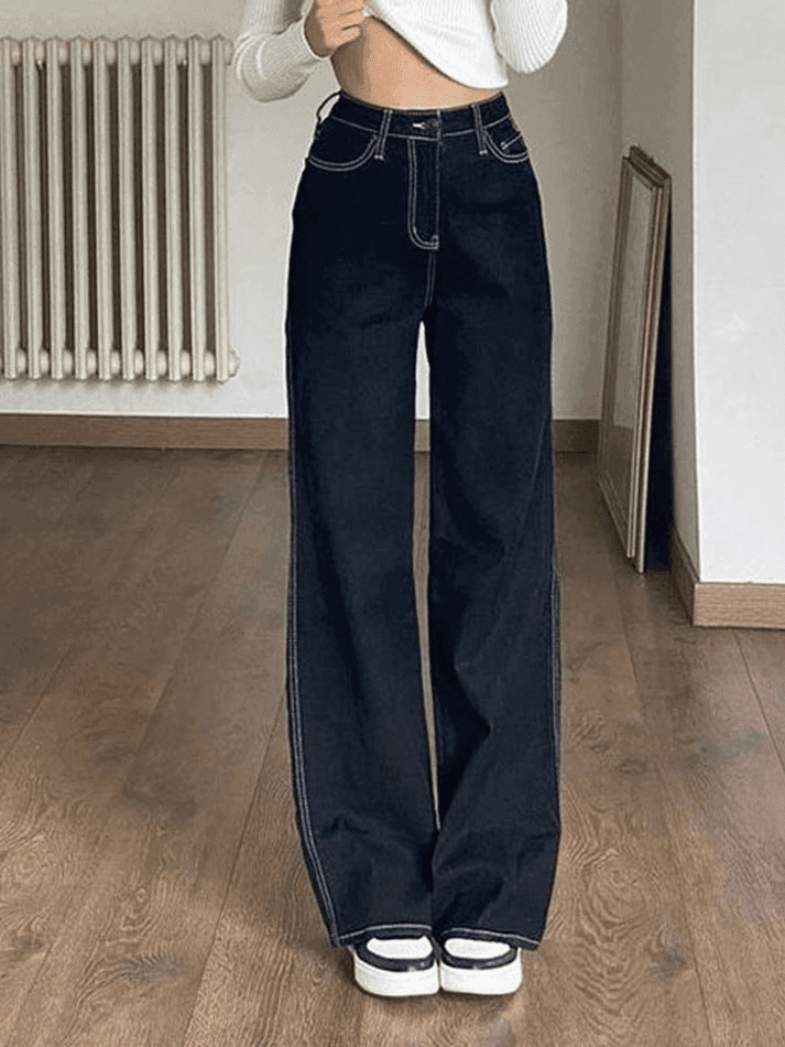 Levoire | Jean Boyfriend Taille Haute Brodés Bleu