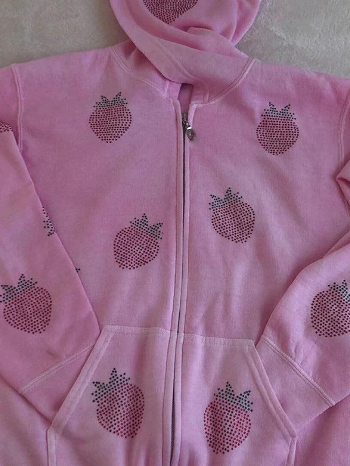 Levoire | Fraise Strass Impression Zip Up Grande Taille Sweat À Capuche