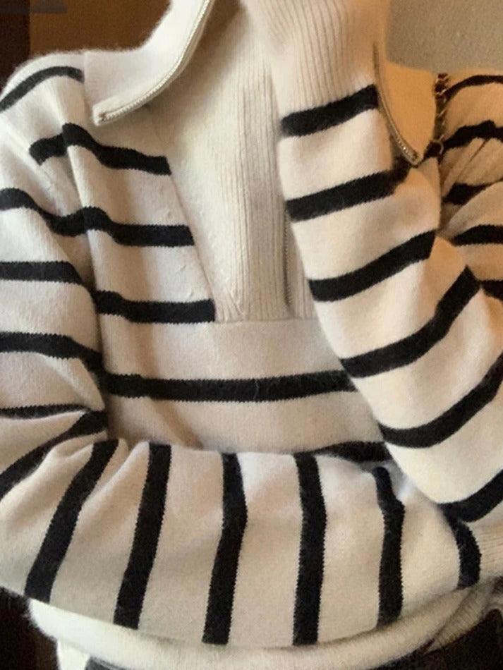 Levoire | Rayures Splice Col Revers Pull Demi-Zip Beige UNE TAILLE