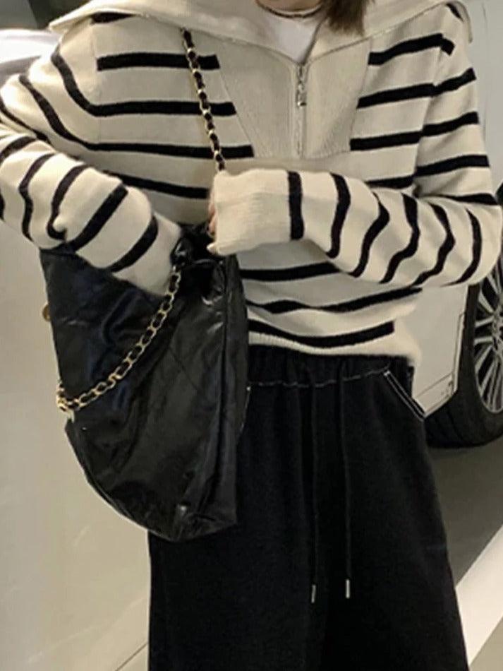 Levoire | Rayures Splice Col Revers Pull Demi-Zip