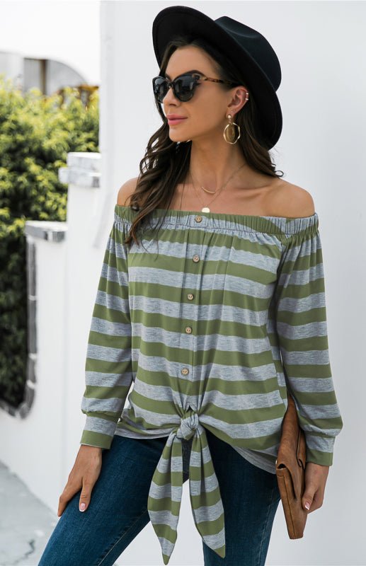 Levoire | Blouse rayée avec décoration de bouton unilatérale et lien Vert