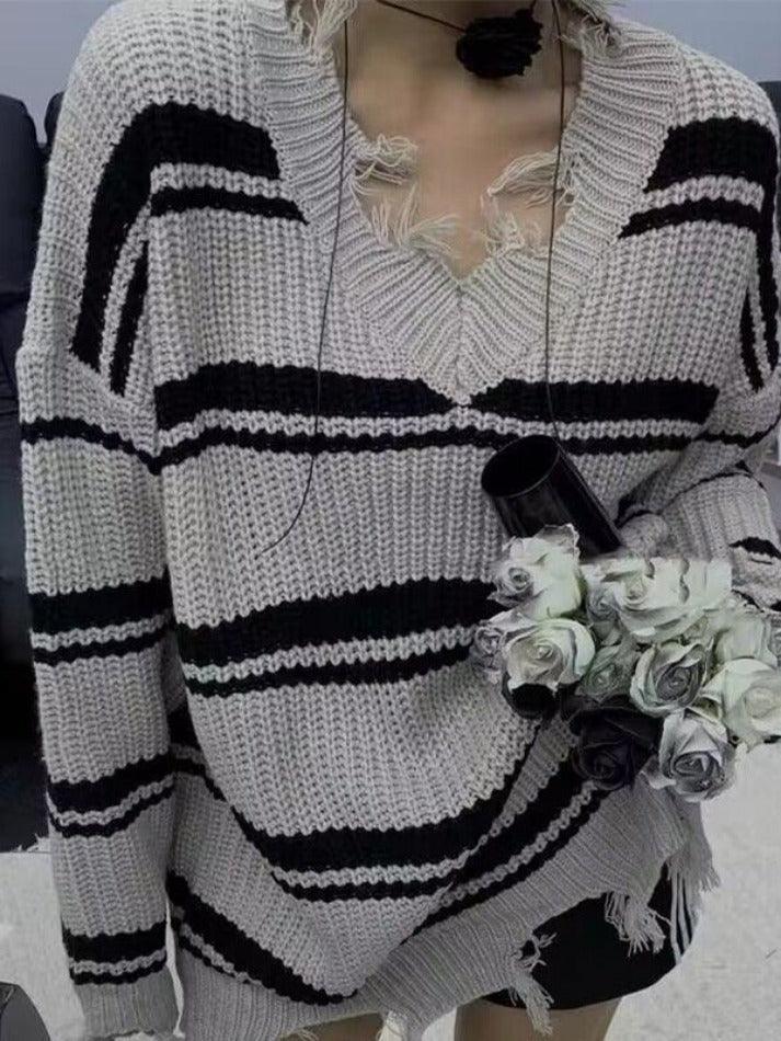 Levoire | Pull En Tricot À Franges À Col En V Rayé