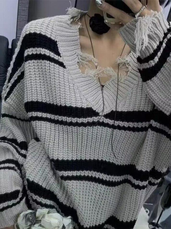 Levoire | Pull En Tricot À Franges À Col En V Rayé
