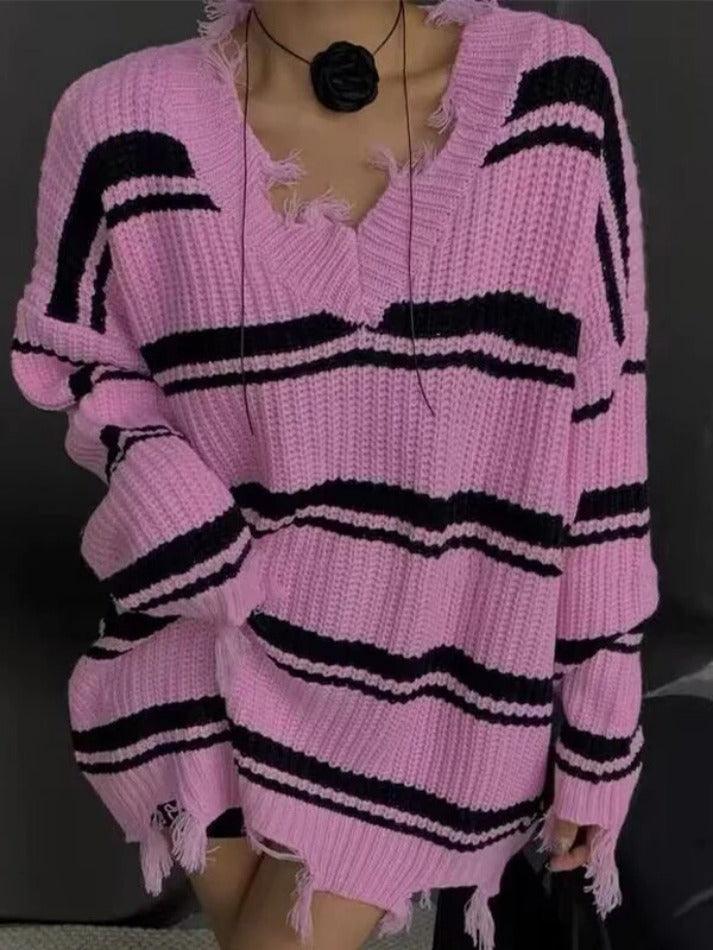 Levoire | Pull En Tricot À Franges À Col En V Rayé