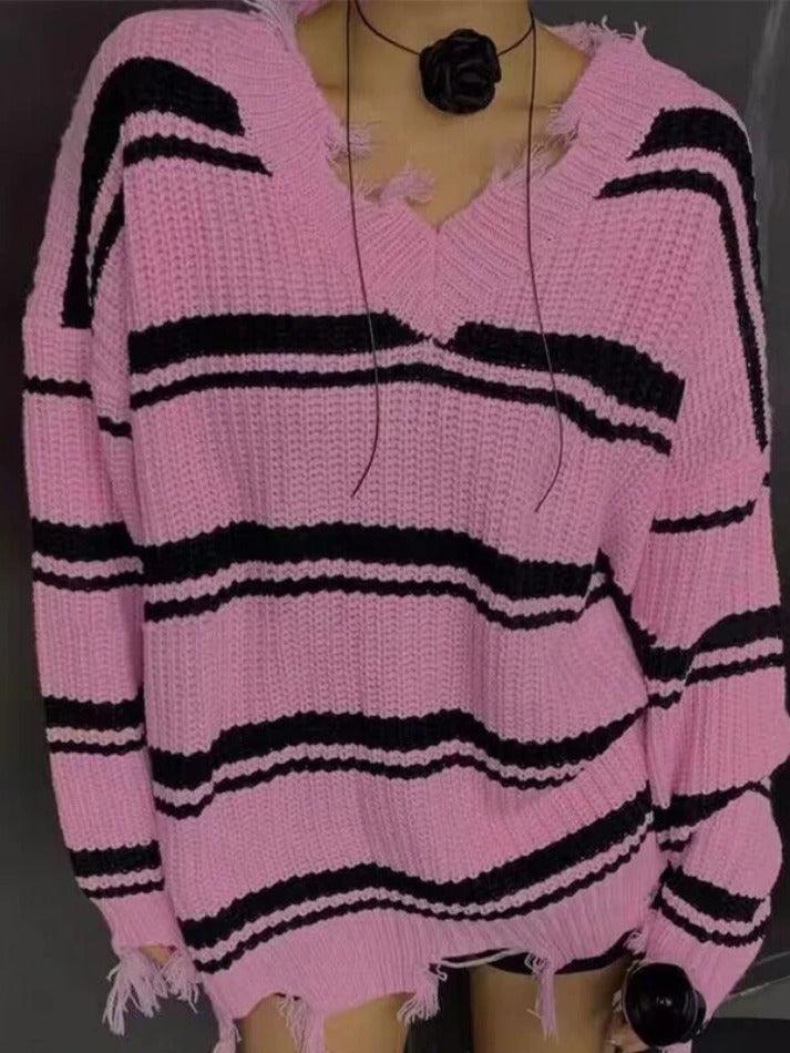 Levoire | Pull En Tricot À Franges À Col En V Rayé Rosa UNE TAILLE