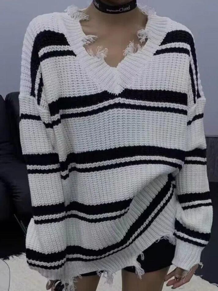Levoire | Pull En Tricot À Franges À Col En V Rayé