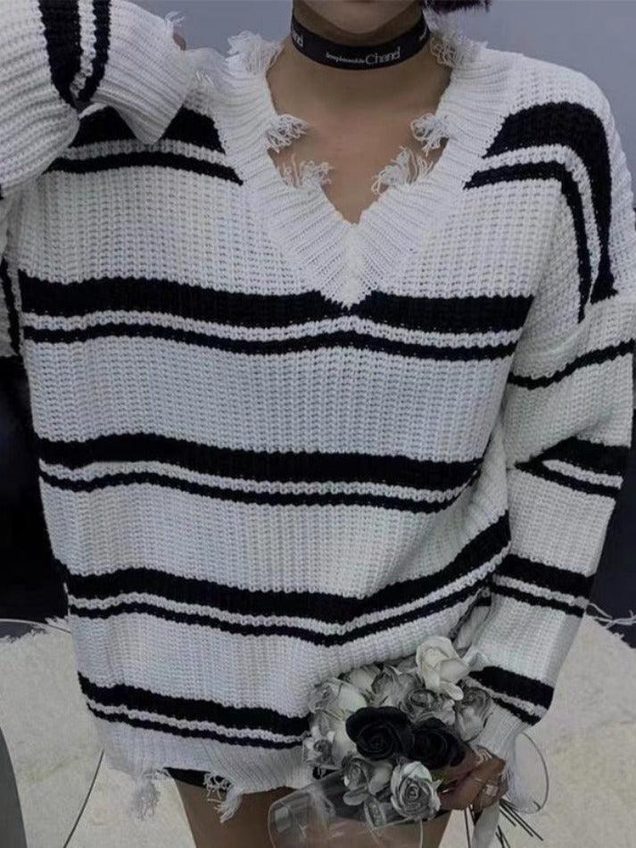 Levoire | Pull En Tricot À Franges À Col En V Rayé