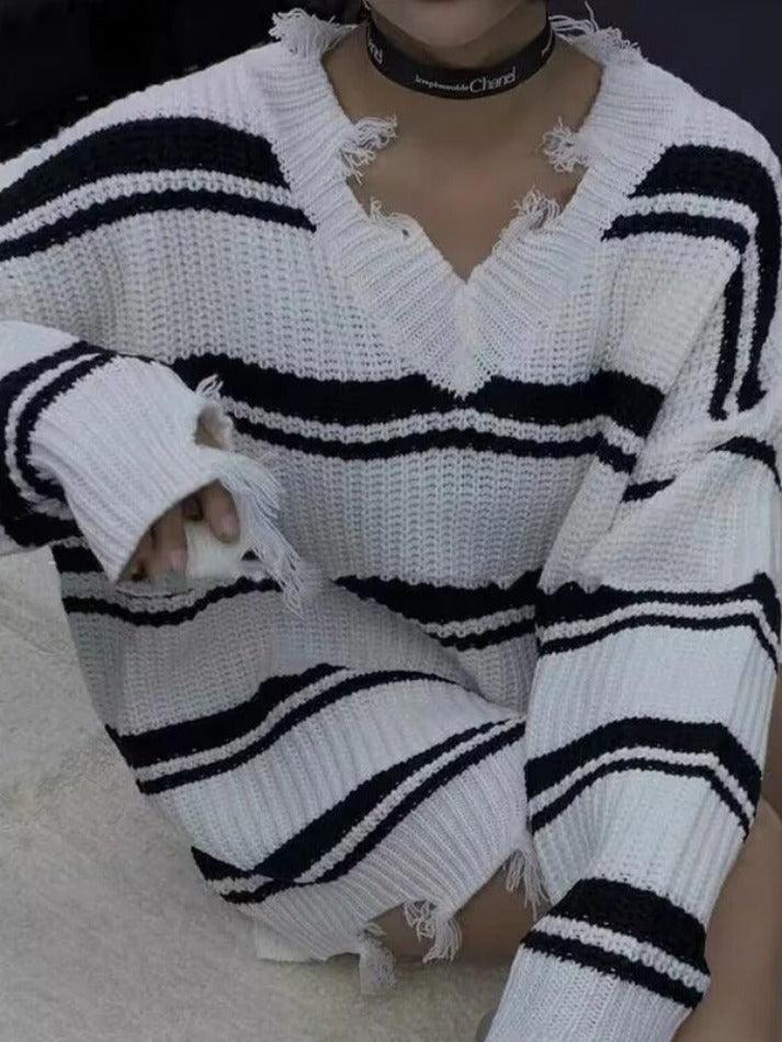 Levoire | Pull En Tricot À Franges À Col En V Rayé