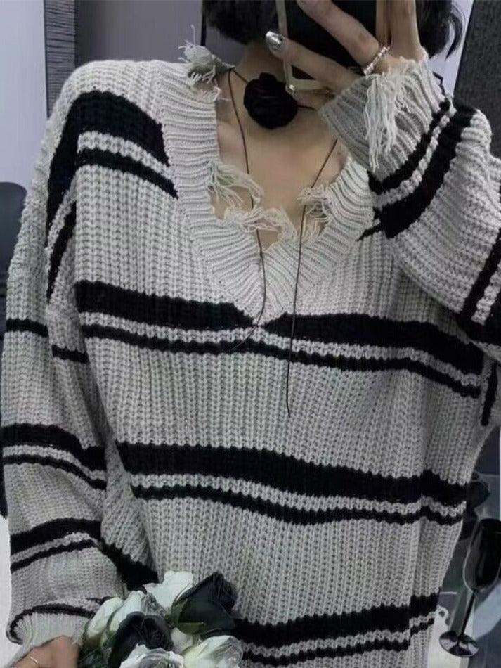 Levoire | Pull En Tricot À Franges À Col En V Rayé Gris UNE TAILLE